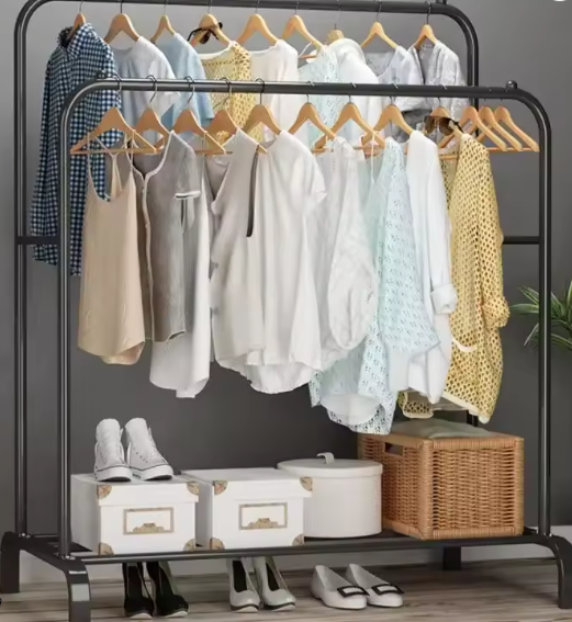 Dubbel Rails Staand Kledingrek – Met Planken voor Schoenen en Accessoires