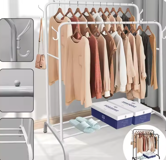 Dubbel Rails Staand Kledingrek – Met Planken voor Schoenen en Accessoires