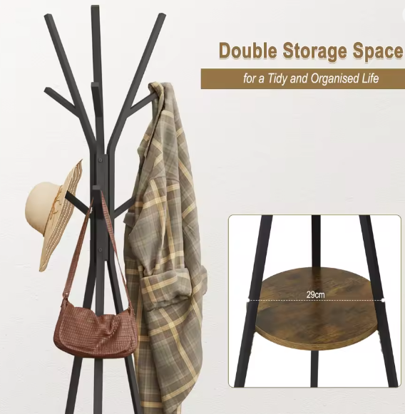 Vrijstaande Hoed & Kleding Display Stand – Boomvormige Kapstok met 9 Haken en Plank