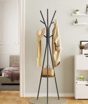 Vrijstaande Hoed & Kleding Display Stand – Boomvormige Kapstok met 9 Haken en Plank