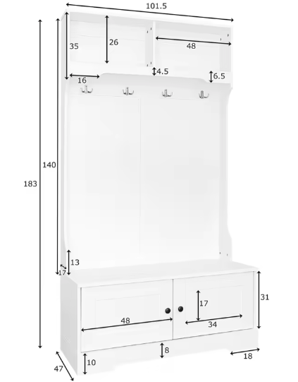 Hoge Multifunctionele Kapstok Met Spiegel, Schoenenbank, Plank En Lades Mdf Wit En Eiken 120x40x200cm Hoge Multifunctionele Kapstok Met Spiegel, Schoenenbank, Plank En Lades Mdf Wit En Eiken 120x40x200cm