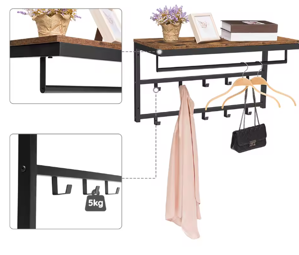 Wandkapstok met Plank – 10 Haken & Staven voor Hal en Woonkamer