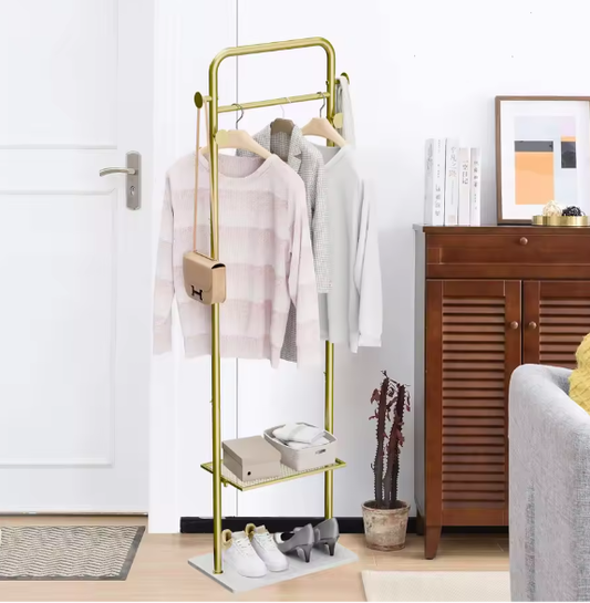 Vrijstaande Gouden Metalen Kapstok met Planken en Haken – Stijlvolle Kleerhangerstandaard voor Hal en Slaapkamer