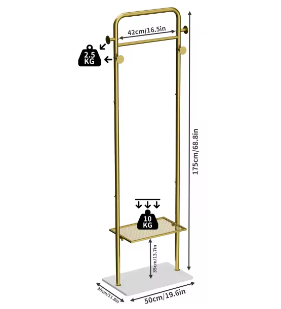 Vrijstaande Gouden Metalen Kapstok met Planken en Haken – Stijlvolle Kleerhangerstandaard voor Hal en Slaapkamer