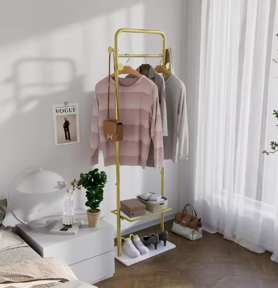 Vrijstaande Gouden Metalen Kapstok met Planken en Haken – Stijlvolle Kleerhangerstandaard voor Hal en Slaapkamer
