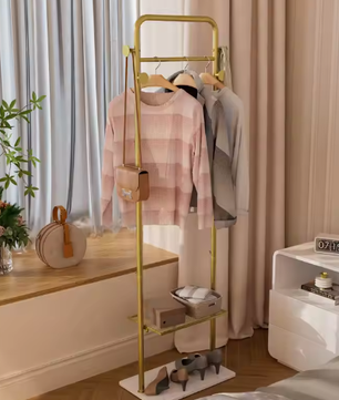 Vrijstaande Gouden Metalen Kapstok met Planken en Haken – Stijlvolle Kleerhangerstandaard voor Hal en Slaapkamer