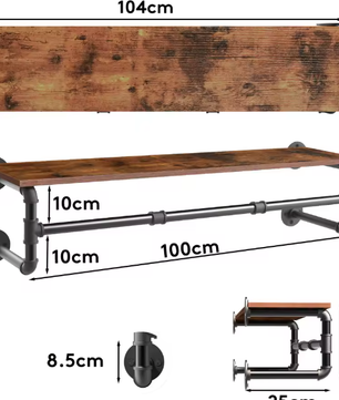 Industriële Pijp Kledingrek met Plank – Muurmontage Kledinghanger
