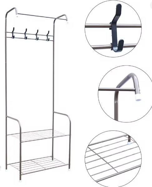 Vrijstaande Metalen Kapstok met Schoenenrek – 4 Haken & Modern Design