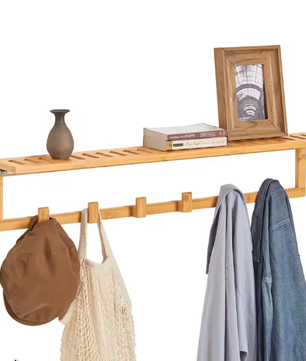 Bamboe Wandplank met 6 Haken – Functioneel & Natuurlijk Ontwerp