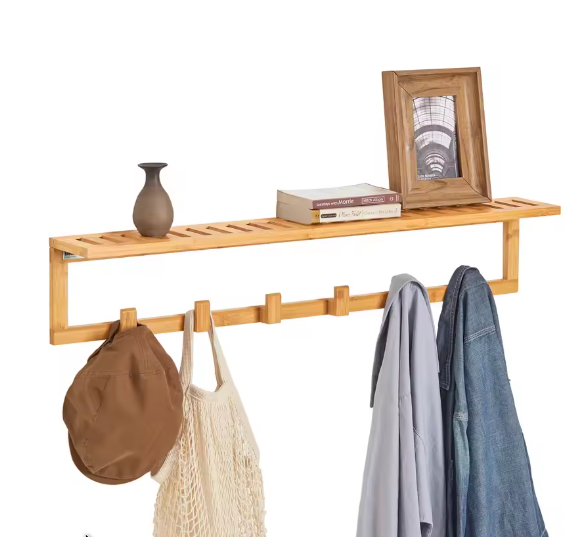 Bamboe Wandplank met 6 Haken – Functioneel & Natuurlijk Ontwerp