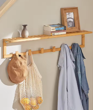 Bamboe Wandplank met 6 Haken – Functioneel & Natuurlijk Ontwerp