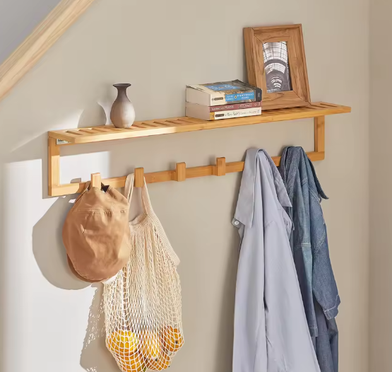 Bamboe Wandplank met 6 Haken – Functioneel & Natuurlijk Ontwerp