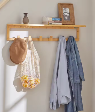 Bamboe Wandplank met 6 Haken – Functioneel & Natuurlijk Ontwerp