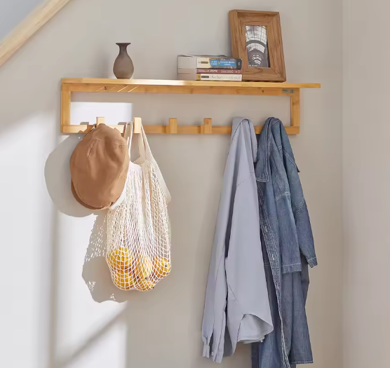 Bamboe Wandplank met 6 Haken – Functioneel & Natuurlijk Ontwerp
