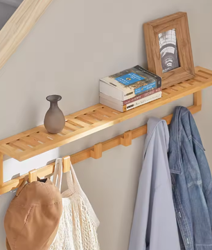 Bamboe Wandplank met 6 Haken – Functioneel & Natuurlijk Ontwerp