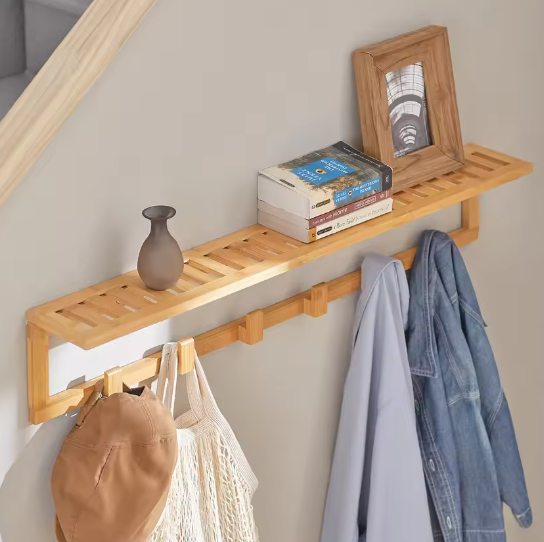 Bamboe Wandplank met 6 Haken – Functioneel & Natuurlijk Ontwerp