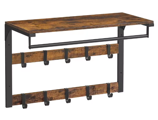 Industriële Wandgarderobe met Plank en 10 Verwijderbare Haken