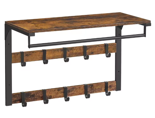 Industriële Wandgarderobe met Plank en 10 Verwijderbare Haken