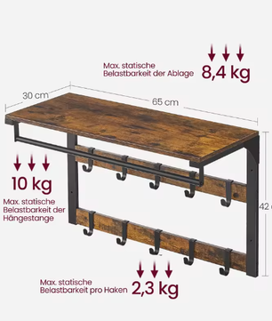 Industriële Wandgarderobe met Plank en 10 Verwijderbare Haken