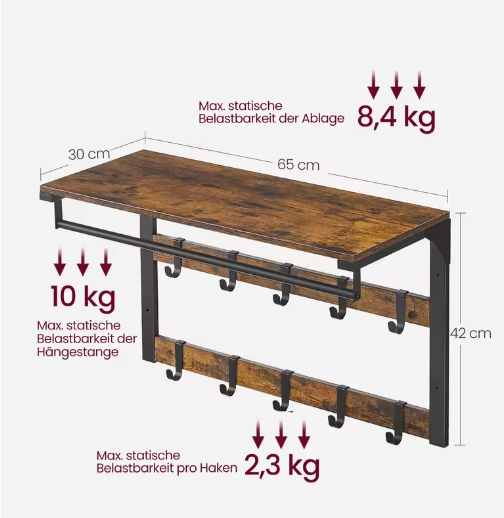Industriële Wandgarderobe met Plank en 10 Verwijderbare Haken