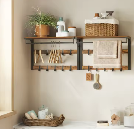 Industriële Wandgarderobe met Plank en 10 Verwijderbare Haken