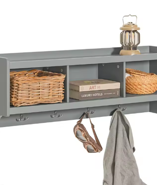 SoBuy Wandkast Hal – Lichtgrijs Kledingkast met 4 Haken & 3 Compartimenten