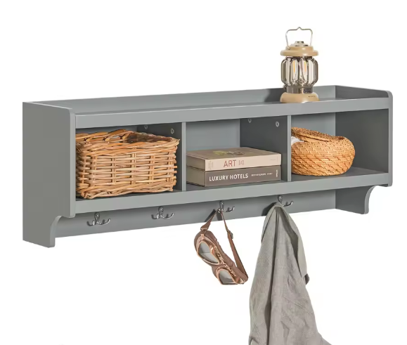 SoBuy Wandkast Hal – Lichtgrijs Kledingkast met 4 Haken & 3 Compartimenten