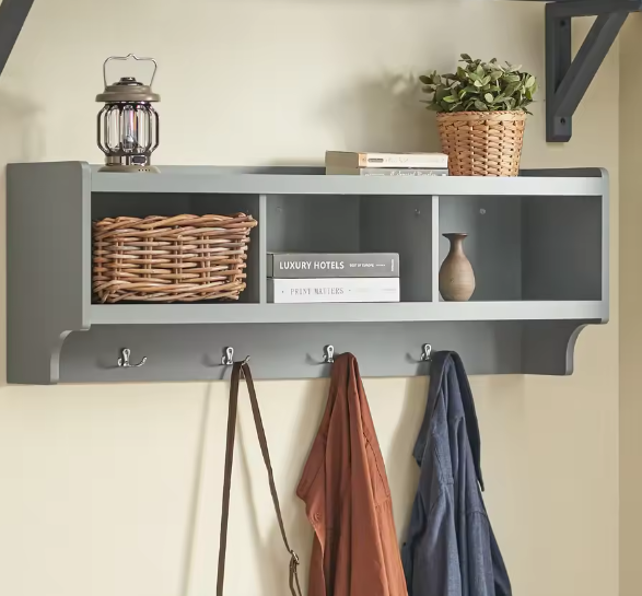 SoBuy Wandkast Hal – Lichtgrijs Kledingkast met 4 Haken & 3 Compartimenten
