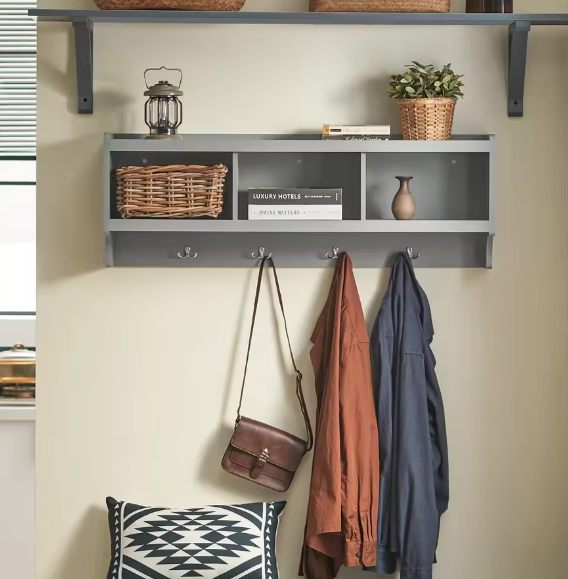 SoBuy Wandkast Hal – Lichtgrijs Kledingkast met 4 Haken & 3 Compartimenten