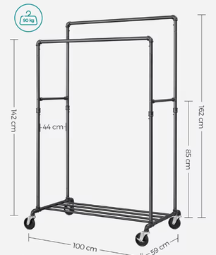 Industriële Jurkenstandaard op Wielen – Met Jurkstangen en Plank