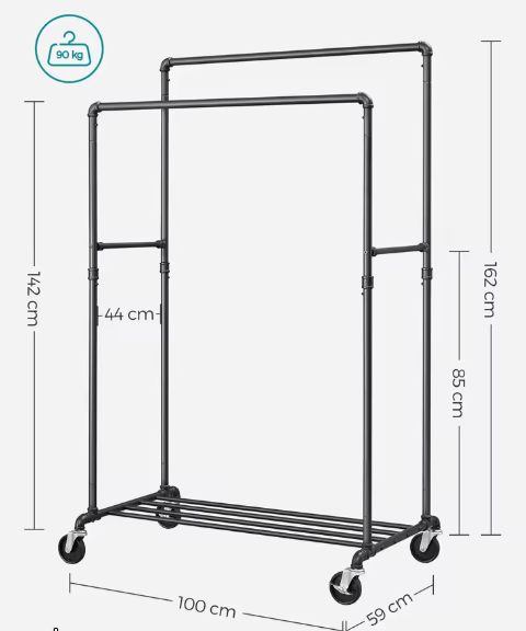 Industriële Jurkenstandaard op Wielen – Met Jurkstangen en Plank