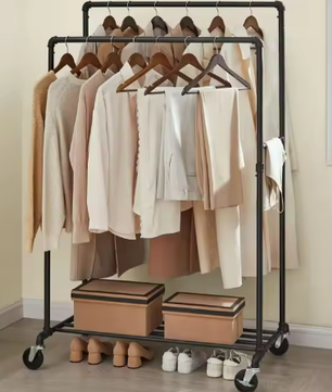 Industriële Jurkenstandaard op Wielen – Met Jurkstangen en Plank