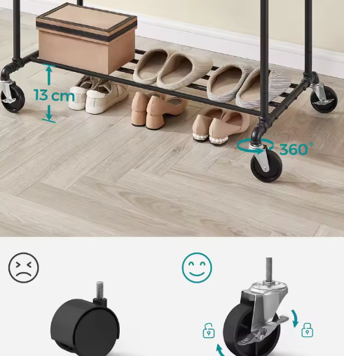 Industriële Jurkenstandaard op Wielen – Met Jurkstangen en Plank