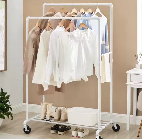 Industriële Jurkenstandaard op Wielen – Met Jurkstangen en Plank