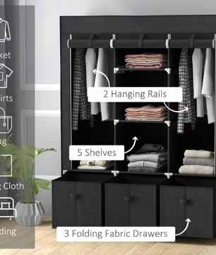 Opvouwbare Stoffen Kledingkast met 2 Ophangrails, 5 Planken en 3 Lades – Praktische Kast voor Slaapkamer of Woonkamer