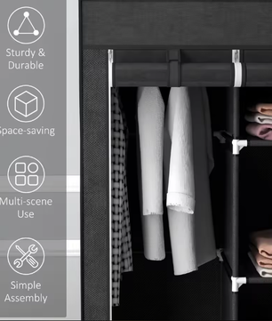 Opvouwbare Stoffen Kledingkast met 2 Ophangrails, 5 Planken en 3 Lades – Praktische Kast voor Slaapkamer of Woonkamer