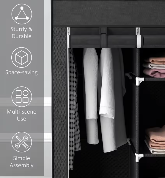 Opvouwbare Stoffen Kledingkast met 2 Ophangrails, 5 Planken en 3 Lades – Praktische Kast voor Slaapkamer of Woonkamer