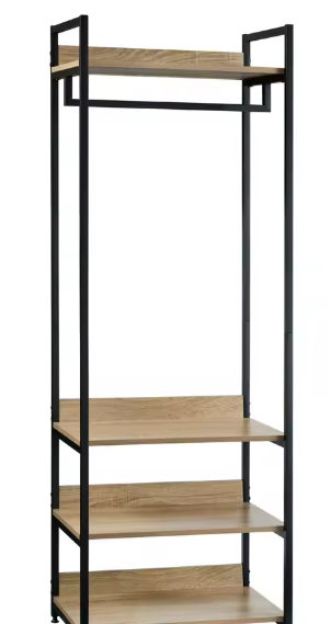 Multifunctionele Houten Kledingkast met Kledingrail, 3 Planken en Schoenenrek – Licht Eiken en Zwart/Wit Design