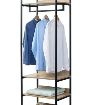 Multifunctionele Houten Kledingkast met Kledingrail, 3 Planken en Schoenenrek – Licht Eiken en Zwart/Wit Design