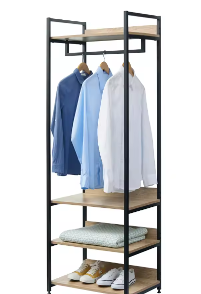 Multifunctionele Houten Kledingkast met Kledingrail, 3 Planken en Schoenenrek – Licht Eiken en Zwart/Wit Design