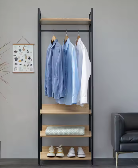 Multifunctionele Houten Kledingkast met Kledingrail, 3 Planken en Schoenenrek – Licht Eiken en Zwart/Wit Design