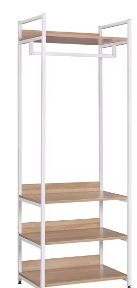 Multifunctionele Houten Kledingkast met Kledingrail, 3 Planken en Schoenenrek – Licht Eiken en Zwart/Wit Design