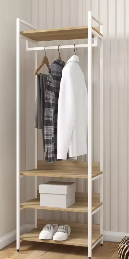 Multifunctionele Houten Kledingkast met Kledingrail, 3 Planken en Schoenenrek – Licht Eiken en Zwart/Wit Design