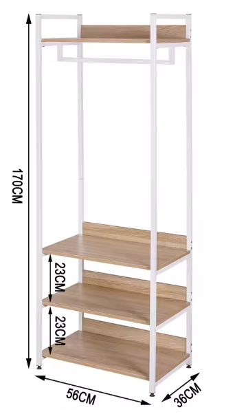 Multifunctionele Houten Kledingkast met Kledingrail, 3 Planken en Schoenenrek – Licht Eiken en Zwart/Wit Design