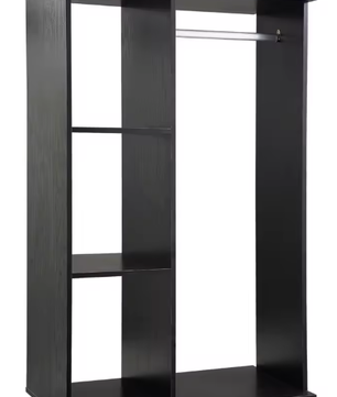 Industriële Kledingkast met Wielen, Ophangrail en 3 Open Planken – Zwart Hout en Aluminium Design (80×40×128 cm)