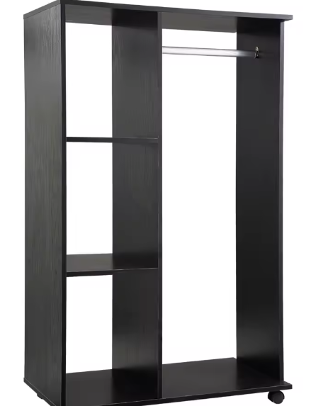 Industriële Kledingkast met Wielen, Ophangrail en 3 Open Planken – Zwart Hout en Aluminium Design (80×40×128 cm)