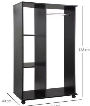 Industriële Kledingkast met Wielen, Ophangrail en 3 Open Planken – Zwart Hout en Aluminium Design (80×40×128 cm)