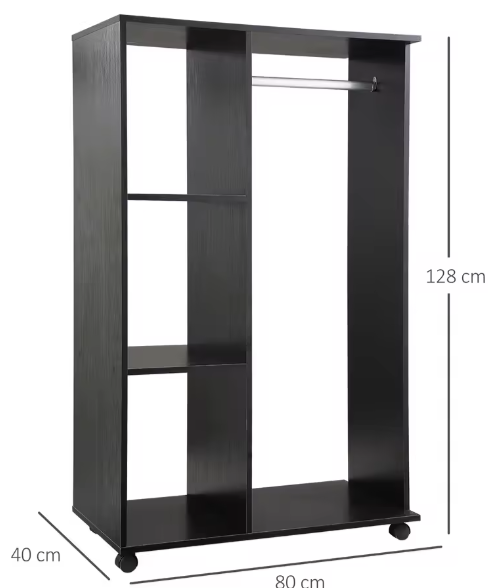 Industriële Kledingkast met Wielen, Ophangrail en 3 Open Planken – Zwart Hout en Aluminium Design (80×40×128 cm)