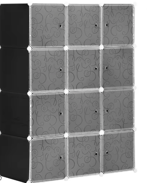 Modulaire Kunststof Kledingkast met 12 Kubussen en Deuren – Flexibele Opbergkast met Hangrail (111×47×145 cm)