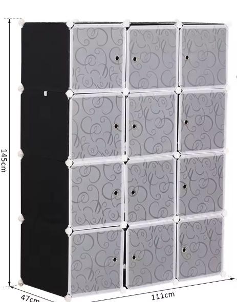 Modulaire Kunststof Kledingkast met 12 Kubussen en Deuren – Flexibele Opbergkast met Hangrail (111×47×145 cm)